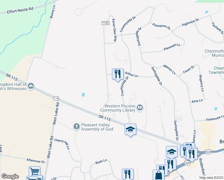 map of restaurants, bars, coffee shops, grocery stores, and more near 142 Shadow Ridge Drive in Brodheadsville