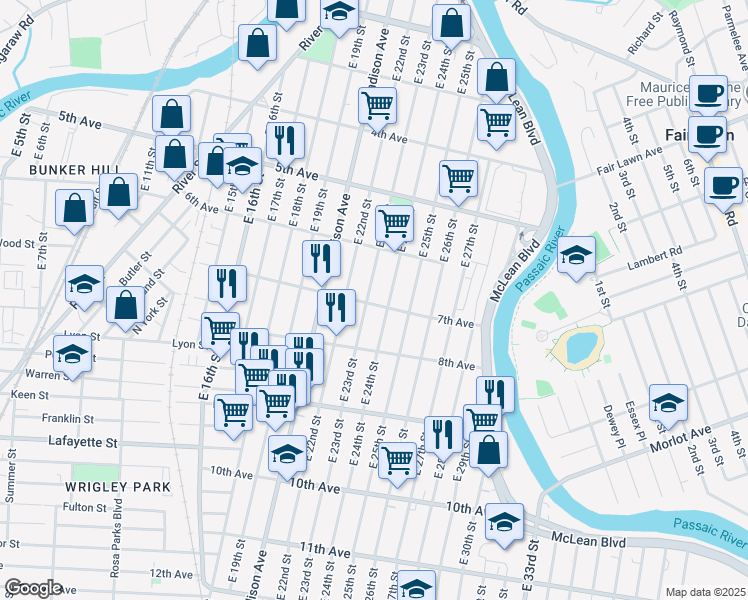 map of restaurants, bars, coffee shops, grocery stores, and more near 291 East 23rd Street in Paterson