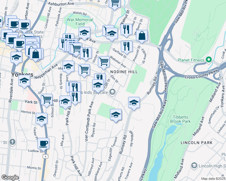 map of restaurants, bars, coffee shops, grocery stores, and more near 28 Cedar Street in Yonkers