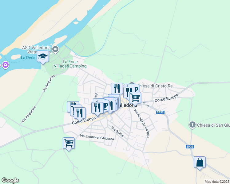 map of restaurants, bars, coffee shops, grocery stores, and more near 51 Via Ampurias in Valledoria