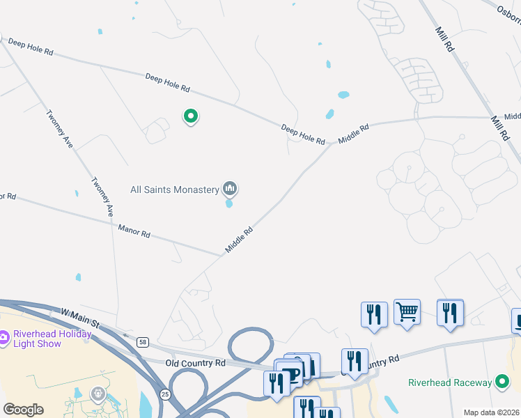 map of restaurants, bars, coffee shops, grocery stores, and more near 1652 Middle Road in Calverton