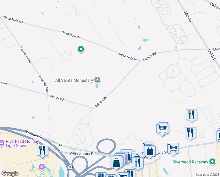 map of restaurants, bars, coffee shops, grocery stores, and more near 1652 Middle Road in Calverton