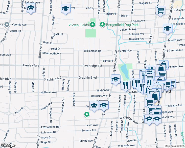 map of restaurants, bars, coffee shops, grocery stores, and more near 81 North Vivyen Street in Bergenfield