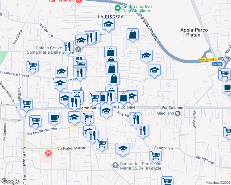 map of restaurants, bars, coffee shops, grocery stores, and more near 18 Via della Torre in Giugliano in Campania