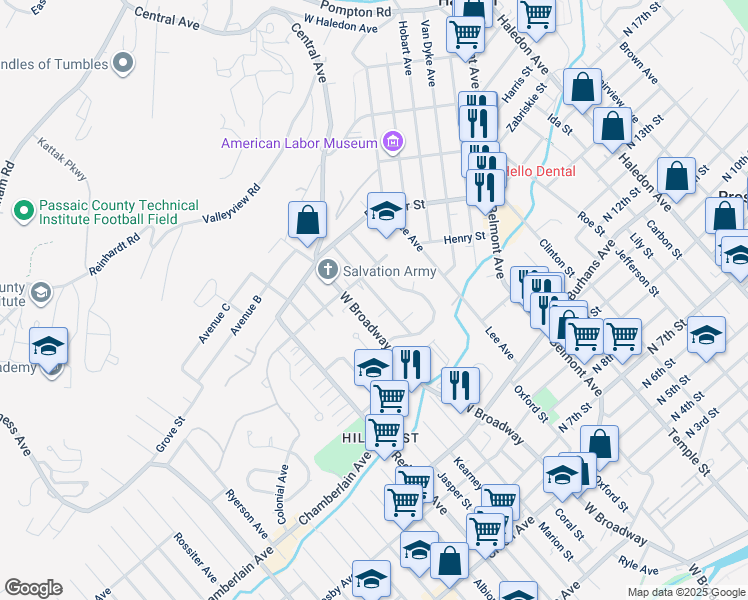 map of restaurants, bars, coffee shops, grocery stores, and more near 62 Oxford Street in Haledon