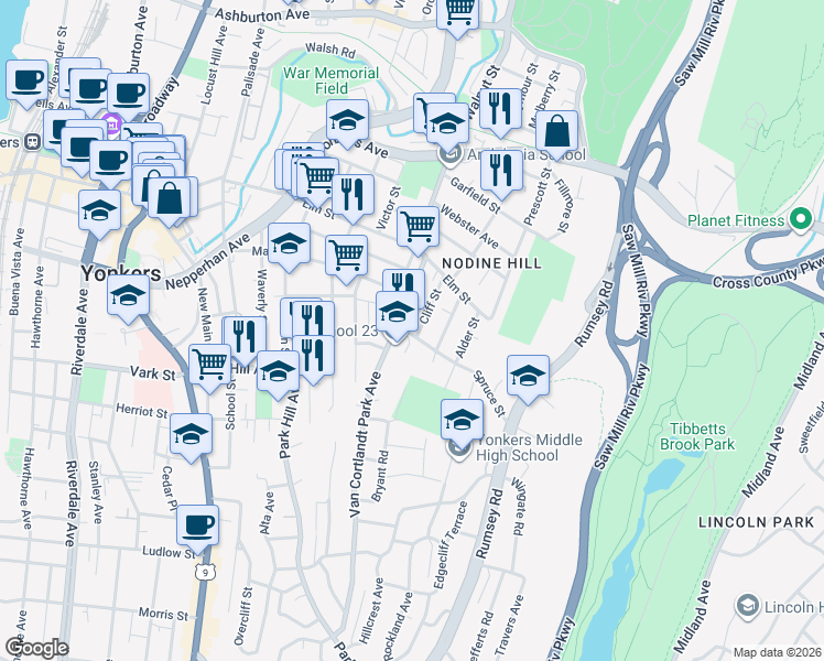 map of restaurants, bars, coffee shops, grocery stores, and more near 34 Cliff Street in Yonkers