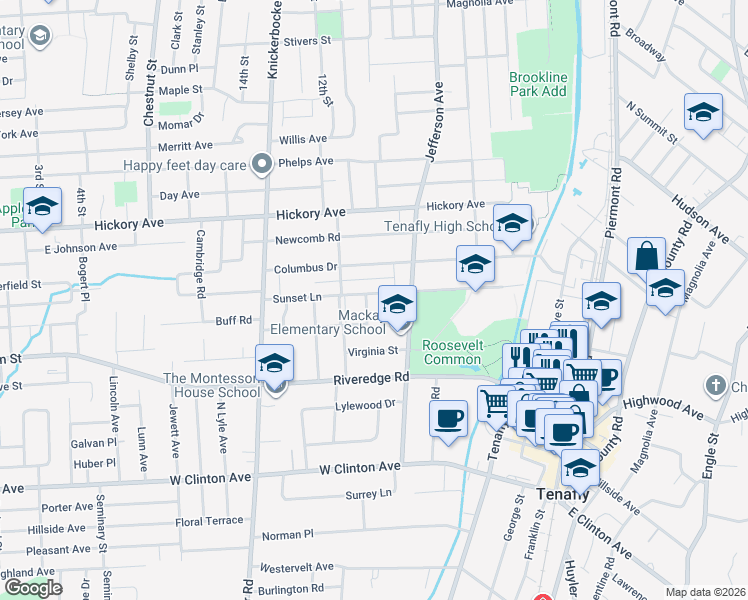 map of restaurants, bars, coffee shops, grocery stores, and more near 113 Sunset Lane in Tenafly