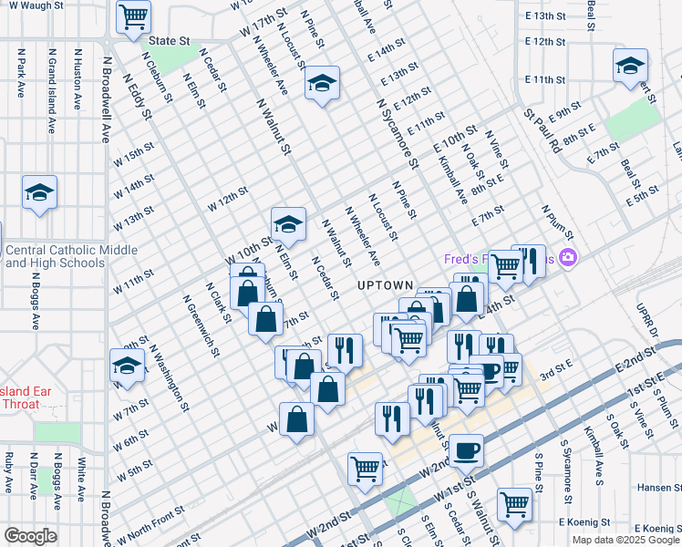 map of restaurants, bars, coffee shops, grocery stores, and more near 722 North Walnut Street in Grand Island