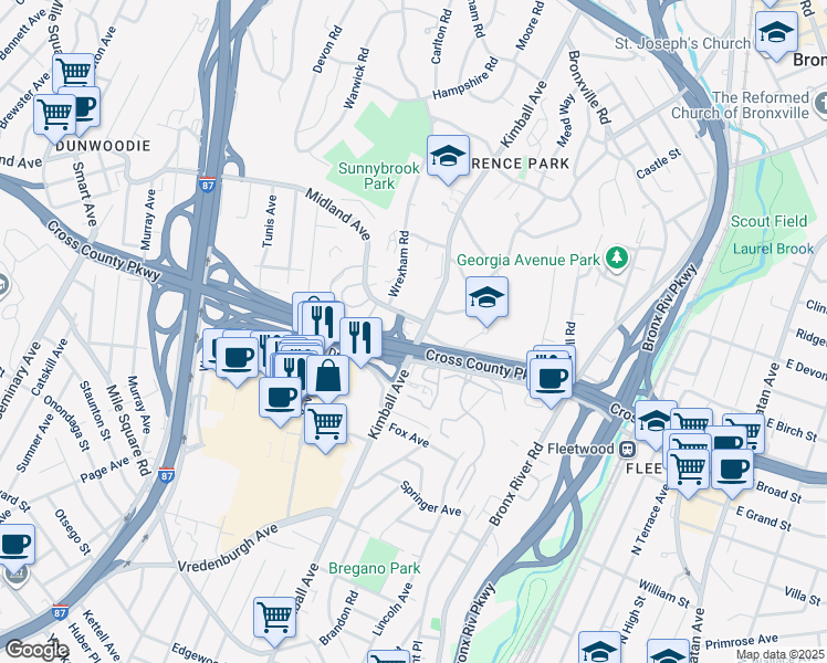 map of restaurants, bars, coffee shops, grocery stores, and more near 1234 Midland Avenue in Yonkers