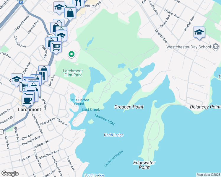 map of restaurants, bars, coffee shops, grocery stores, and more near 205 Hommocks Road in Larchmont