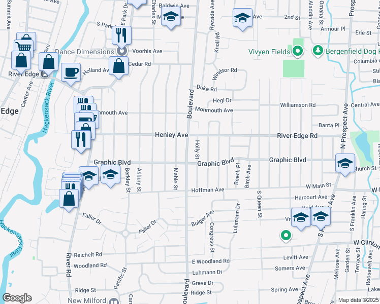 map of restaurants, bars, coffee shops, grocery stores, and more near 736 Boulevard in New Milford