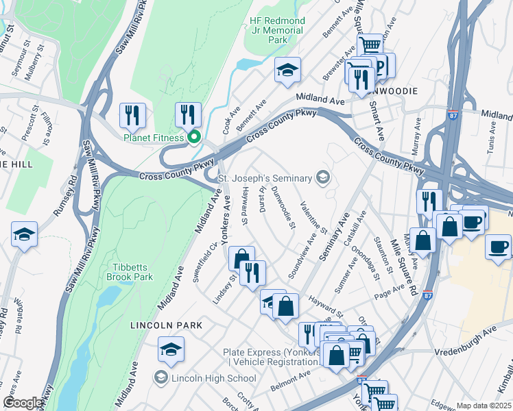 map of restaurants, bars, coffee shops, grocery stores, and more near 66 Hayward Street in Yonkers