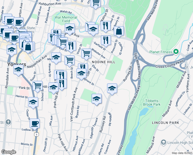 map of restaurants, bars, coffee shops, grocery stores, and more near 7 Alder Street in Yonkers