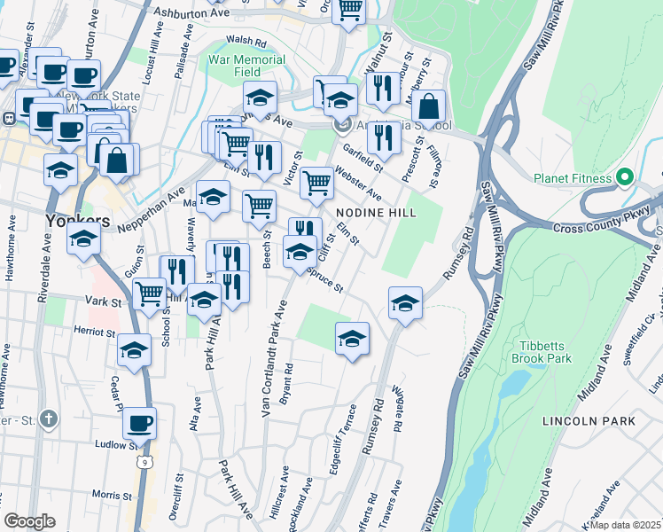 map of restaurants, bars, coffee shops, grocery stores, and more near 34 Cliff Street in Yonkers
