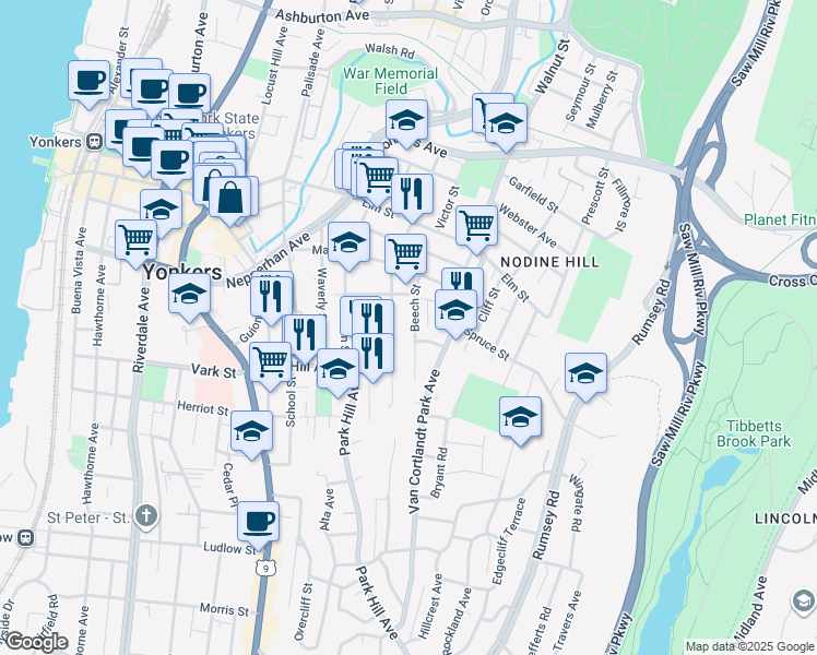map of restaurants, bars, coffee shops, grocery stores, and more near 131 Beech Street in Yonkers