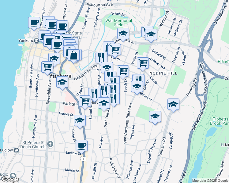 map of restaurants, bars, coffee shops, grocery stores, and more near 136 Willow Street in Yonkers