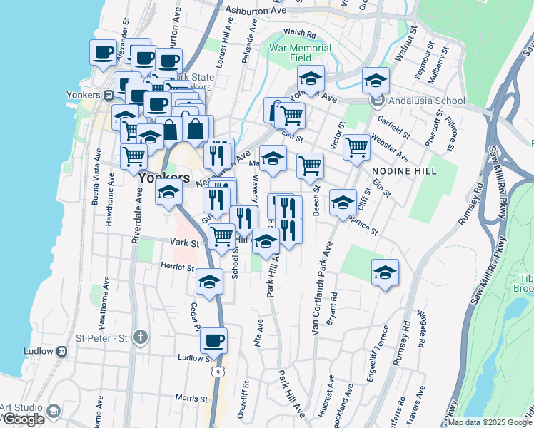 map of restaurants, bars, coffee shops, grocery stores, and more near 155 Linden Street in Yonkers