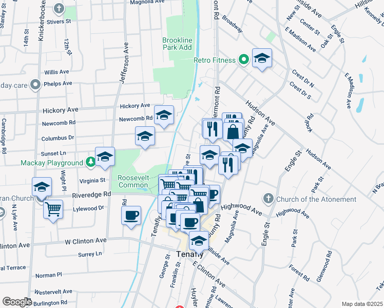 map of restaurants, bars, coffee shops, grocery stores, and more near 107 Grove Street in Tenafly