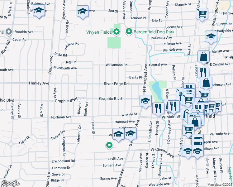 map of restaurants, bars, coffee shops, grocery stores, and more near 81 North Vivyen Street in Bergenfield
