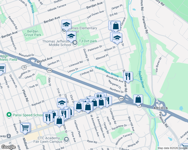 map of restaurants, bars, coffee shops, grocery stores, and more near 38-28 Brookside Avenue in Fair Lawn
