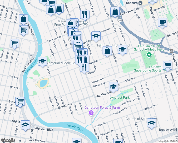 map of restaurants, bars, coffee shops, grocery stores, and more near 11-07 River Road in Fair Lawn
