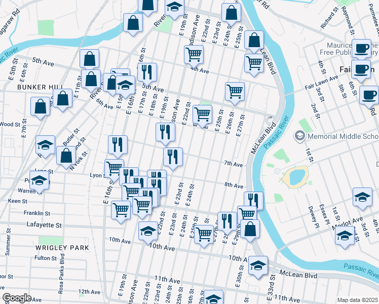 map of restaurants, bars, coffee shops, grocery stores, and more near 287 East 23rd Street in Paterson