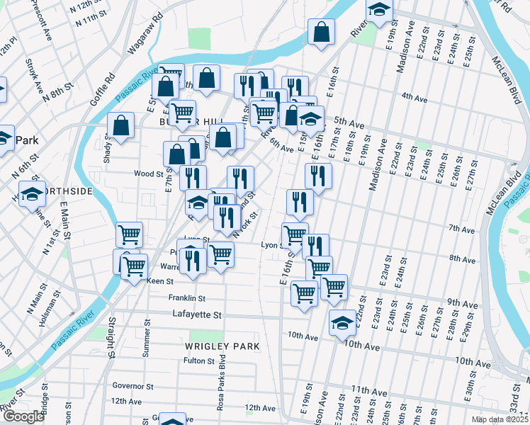 map of restaurants, bars, coffee shops, grocery stores, and more near in Paterson