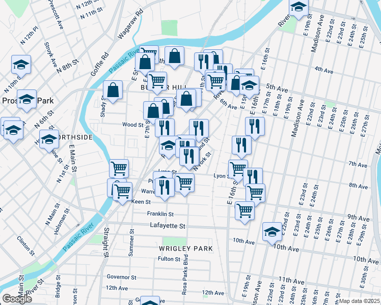 map of restaurants, bars, coffee shops, grocery stores, and more near 133 Butler Street in Paterson