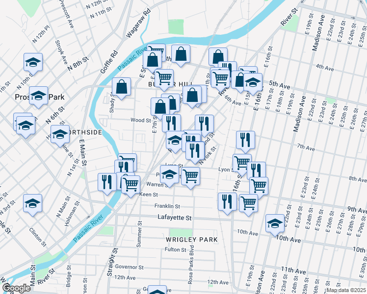 map of restaurants, bars, coffee shops, grocery stores, and more near 468 River Street in Paterson