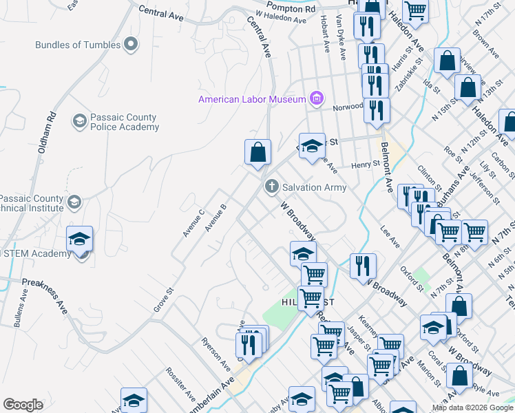 map of restaurants, bars, coffee shops, grocery stores, and more near 446 Kearney Street in Paterson