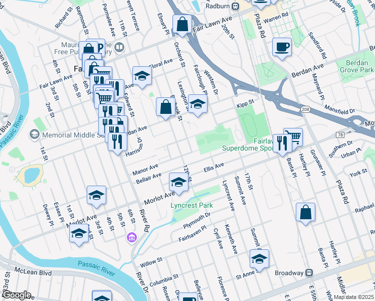 map of restaurants, bars, coffee shops, grocery stores, and more near in Fair Lawn