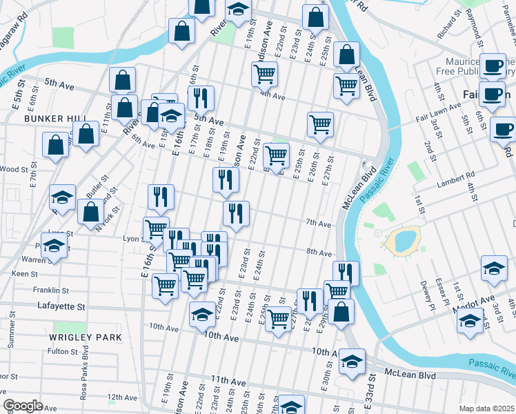 map of restaurants, bars, coffee shops, grocery stores, and more near 291 East 23rd Street in Paterson