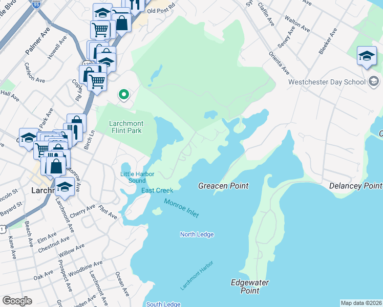 map of restaurants, bars, coffee shops, grocery stores, and more near 205 Hommocks Road in Larchmont