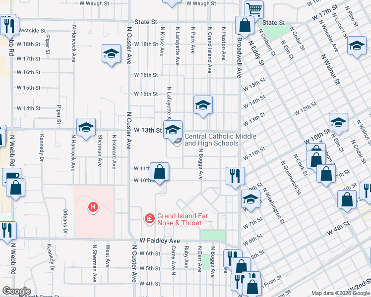 map of restaurants, bars, coffee shops, grocery stores, and more near 1133-01135 North Ruby Avenue in Grand Island