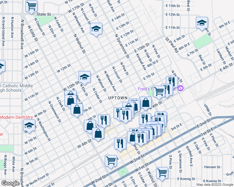 map of restaurants, bars, coffee shops, grocery stores, and more near 701 North Wheeler Avenue in Grand Island