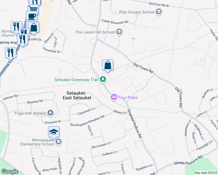 map of restaurants, bars, coffee shops, grocery stores, and more near 103 Gnarled Hollow Road in Setauket- East Setauket