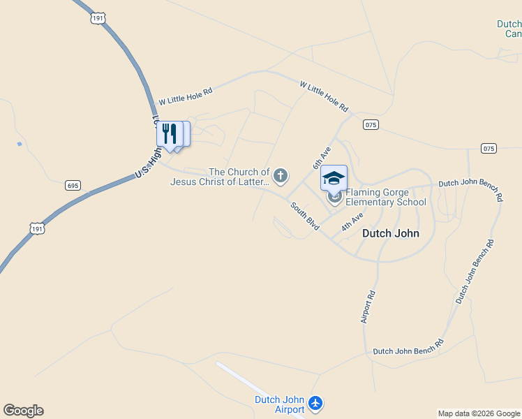 map of restaurants, bars, coffee shops, grocery stores, and more near Kestrel Circle in Dutch John