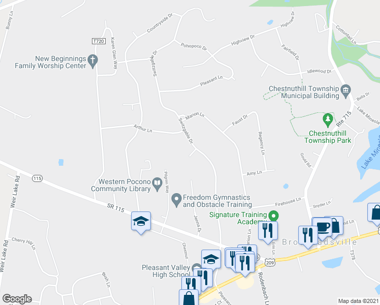map of restaurants, bars, coffee shops, grocery stores, and more near 110 Farm Court in Brodheadsville