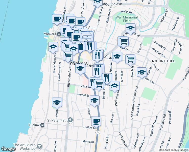 map of restaurants, bars, coffee shops, grocery stores, and more near 11 Guion Street in Yonkers