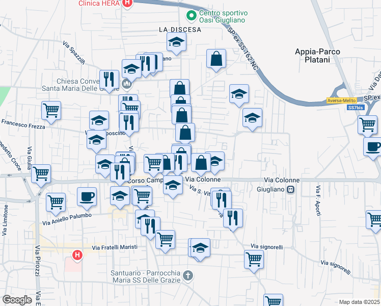 map of restaurants, bars, coffee shops, grocery stores, and more near 18 Via della Torre in Giugliano in Campania
