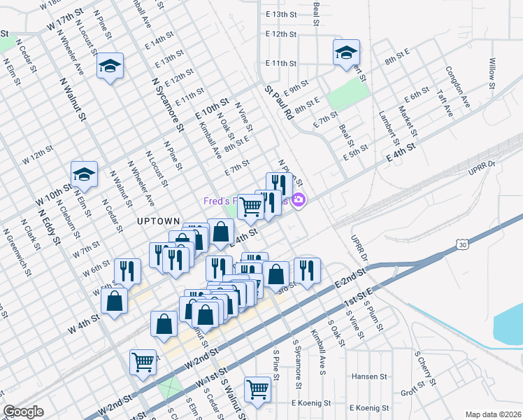 map of restaurants, bars, coffee shops, grocery stores, and more near 300-398 East 5th Street in Grand Island