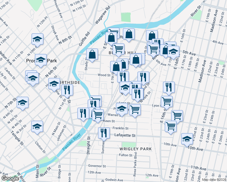 map of restaurants, bars, coffee shops, grocery stores, and more near 110 Wait Street in Paterson