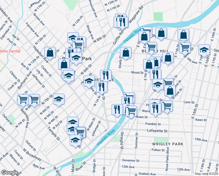 map of restaurants, bars, coffee shops, grocery stores, and more near 9 Amity Street in Paterson