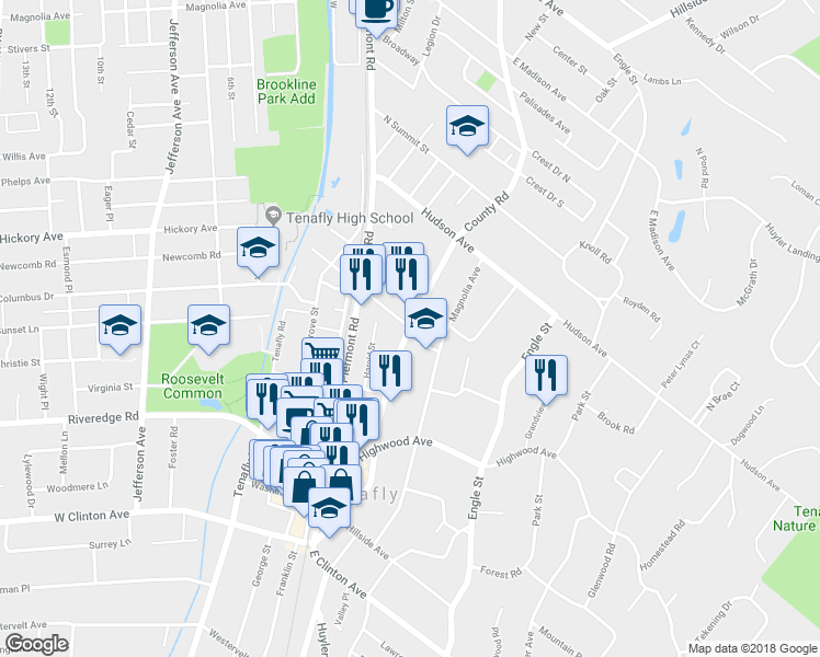map of restaurants, bars, coffee shops, grocery stores, and more near 184 County Road in Tenafly
