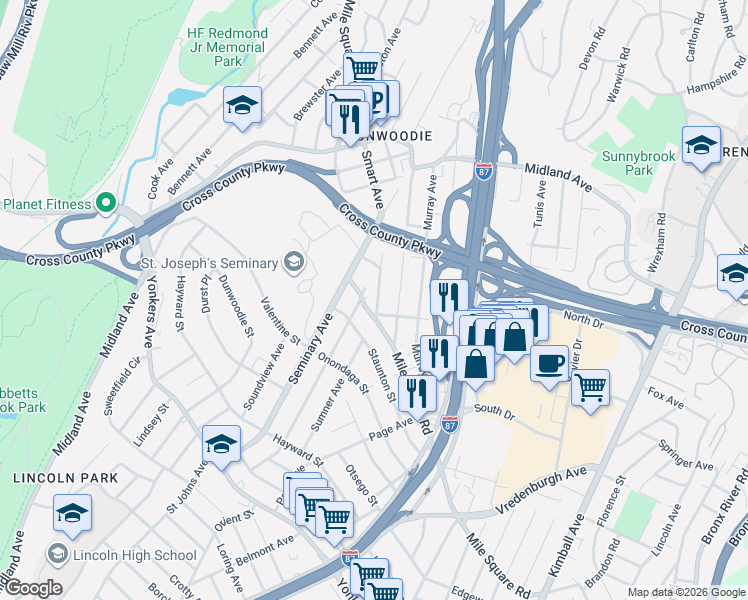 map of restaurants, bars, coffee shops, grocery stores, and more near 720 Mile Square Road in Yonkers
