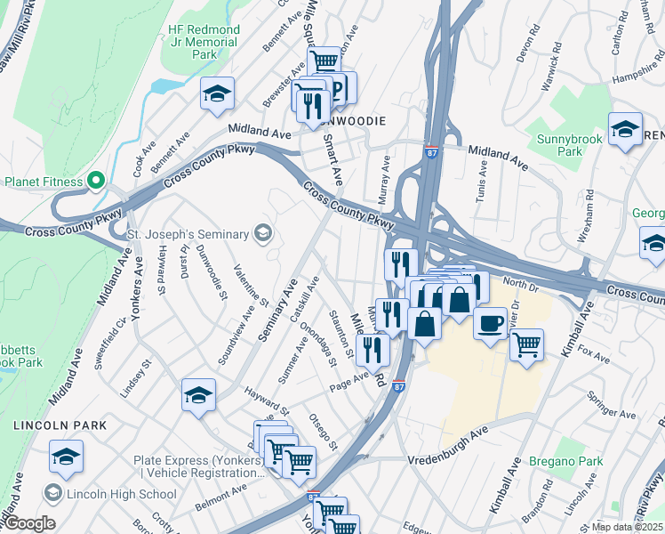 map of restaurants, bars, coffee shops, grocery stores, and more near 720 Mile Square Road in Yonkers