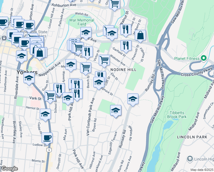 map of restaurants, bars, coffee shops, grocery stores, and more near 34 Cliff Street in Yonkers