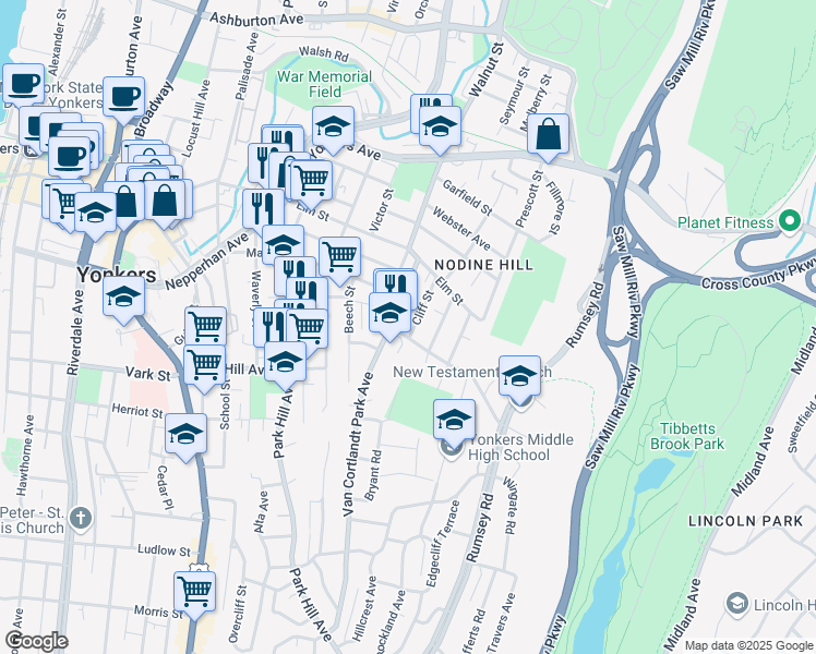 map of restaurants, bars, coffee shops, grocery stores, and more near 34 Cliff Street in Yonkers