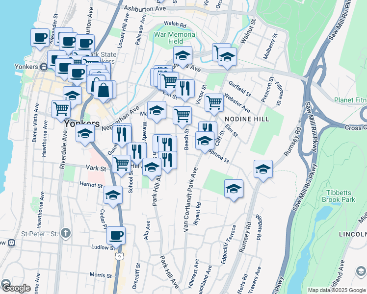 map of restaurants, bars, coffee shops, grocery stores, and more near 131 Beech Street in Yonkers