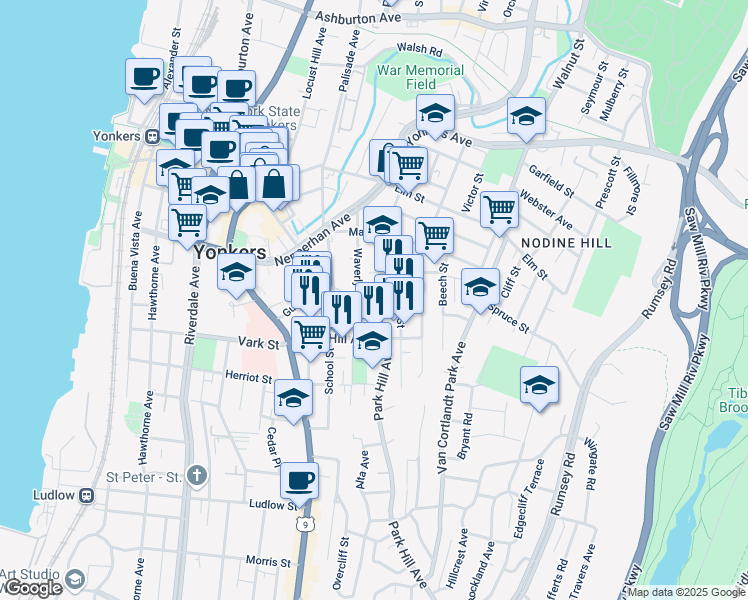 map of restaurants, bars, coffee shops, grocery stores, and more near 155 Linden Street in Yonkers